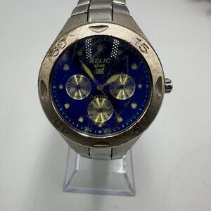 Relic Watch Men Silver Tone Blue Day Date Multi Dial 39MM New Battery 7.75 Inch